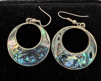 Lot #10 Vintage Abalone Shell Inlay Hoop Earrings β Iridescent Paua Shell Dangle Earrings β Southwestern / Artisan Statement Jew