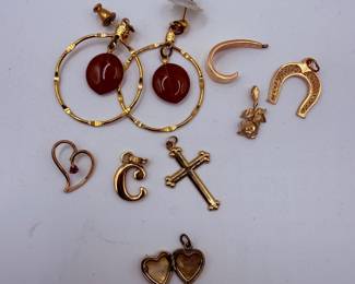 Lot #16 Vintage Gold Tone Charm & Dangle Earrings Lot β Hoop Earrings with Red Beads, Cross, Horseshoe, Heart & Initial Charms,