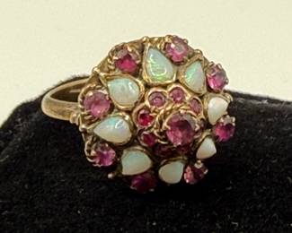 Lot #32 Vintage Opal & Pink Rhinestone Cocktail Ring β Gold Tone Opalescent Cluster Ring, Retro Estate Statement Jewelry Lot #32 Vintage Opal & Pink Rhinestone Cocktail Ring β Gold Tone Opalescent Cluster Ring, Retro Estate Statement Jewelry