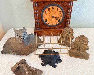 Lot #111 Vintage Desk Accessories Lot β Wooden Desk Clock, Metal Owl Paperweight, Inkwell Tray, Letter Holder & Office Decor