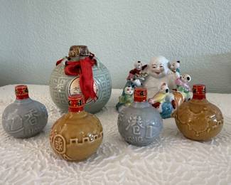 Lot #114 Asian Collectibles Lot β Chinese Rice Wine Bottles (Nu Er Hong), Snuff Bottle Style Vessels & Budai Figurine