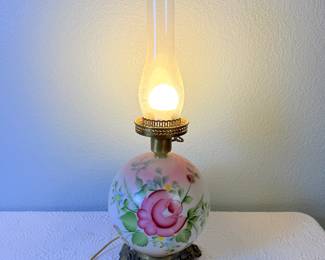 Lot #161 Vintage Hand-Painted Hurricane Lamp β Floral Milk Glass Oil Lamp Style Electric Table Lamp with Glass Chimney