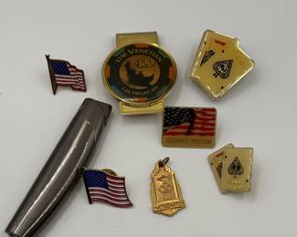 Lot #21 Vintage Collectible Pin & Tie Tack Lot β American Flag Pins, Playing Card Pins, Fraternal Lodge Pin, Money Clip & Vintag