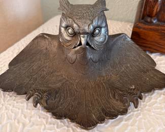 Lot #111 Vintage Desk Accessories Lot β Wooden Desk Clock, Metal Owl Paperweight, Inkwell Tray, Letter Holder & Office Decor
