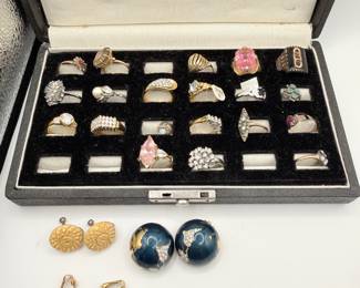 Lot #162 Huge Vintage Fashion Jewelry Lot β Rings, Earrings, Possible 10K 14K Gold & Sterling, Cufflinks, Watch & Display Case