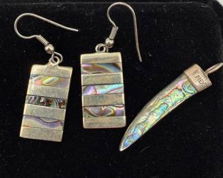 Lot #9 Vintage Abalone Shell Inlay Jewelry Set β Dangle Earrings & Pendant β Southwestern / Mexican Style Artisan Jewelry β Irid