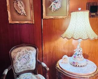 Vintage Victorian Chair with accent Victorian table and lamp