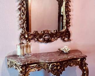 Beautiful Entry way  Console marble top table with Gold leaf Mirror