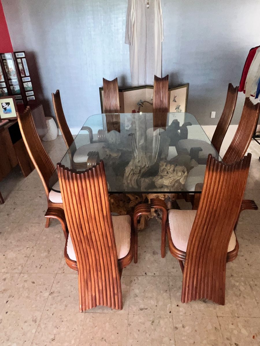 FABULOUS! SET OF 8 VINTAGE MCGUIRE RATTAN CHAIRS & DRIED ROOT TABLE BASE w/ GLASS TOP!