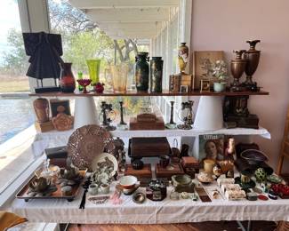 ONE OF SEVERAL TABLES FULL OF DECOR OF EVERY TYPE!