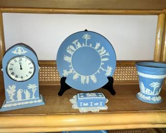 WEDGWOOD CLOCK, SACRIFICE PLATE, TRINKET BOX, TRUMPET VASE