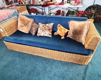 WONDERFUL BLUE VELOUR WICKER SOFA!
