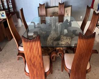 FABULOUS! SET OF 8 VINTAGE MCGUIRE RATTAN CHAIRS & DRIED ROOT TABLE BASE w/ GLASS TOP!