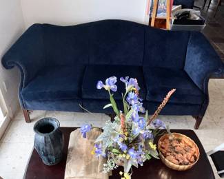 DEEP BLUE VELOUR CAMELBACK SOFA & CHERRY DROP-LEAF TABLE