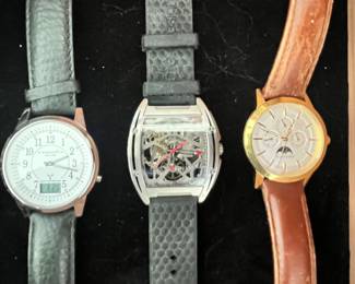 LEFT: LA CROSSE ATOMIC WATCH. CENTER:CIGA Z-SERIES TITANIUM SKELETON WATCH. RIGHT: FILIPPO LORETI VENICE MOONPHASE ROSE GOLD WATCH.