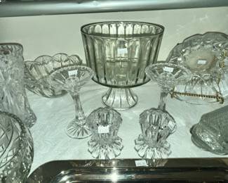 CLEAR GLASS TRIFLE BOWL, MORE CRYSTAL CANDLE HOLDERS