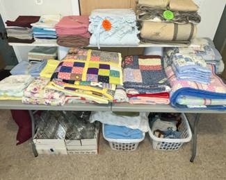 TABLE FULL OF VINTAGE QUILTS & SPREADS