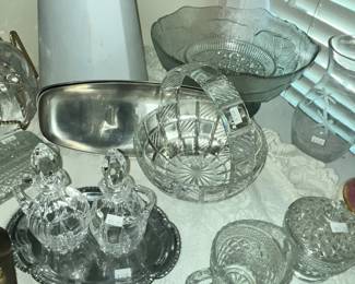 CRYSTAL BASKET, CREAM & SUGAR, VINEGAR & OIL