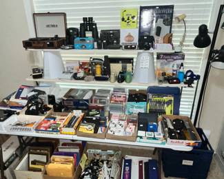 TABLE FULL OF CAMERAS, ELECTRONICS, RECORD PLAYER