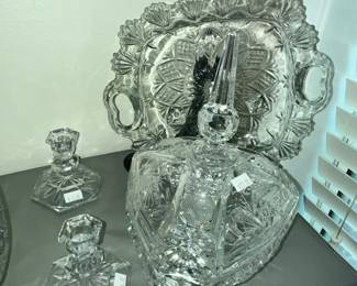 AMERICAN BRILLIANT HEAVY CLEAR FOOTED CANDY DISHN & SMALL CANDLE HOLDERS