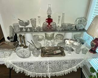 TABLE FULL OF CRYSTAL & GLASSWARE