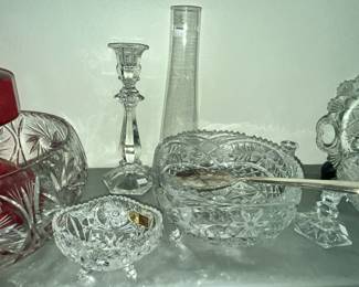 PAIR OF CRYSTAL CANDLESTICKS AND SERVING BOWLS