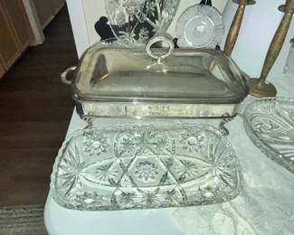 VINTAGE ANCHOR HOCKING STARBURST SERVING PLATTER & A COVERED CHAFING DISH