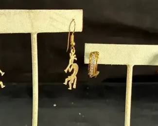 14k Gold Kokopeli Earrings And 925 Diamond Earrings