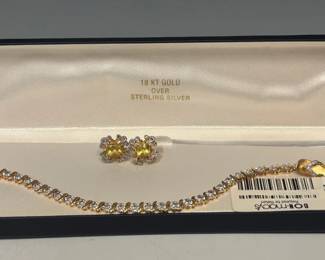 Gold Over Sterling Tennis Bracelet And Citrine And Diamond Earrings