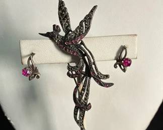 925 Sterling Ruby Hummingbird Pin And Earrings