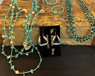 Turquoise Necklace With Shell Accents And Earrings