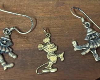 Sterling Mickey Mouse Pendant And Articulated Clown Earrings