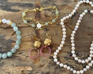 Scarab Earrings Green Stone Bracelets And Faux Pearls