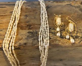 MultiStrand Rice Cultured Pearls And Earrings