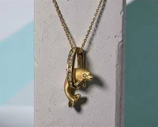 14k Gold And Diamond Dolphin Pendant Necklace