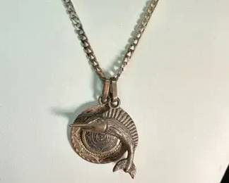 Mexico Sterling Silver 925 Medallion And Swordfish Pendant Necklace And Chain