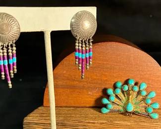 Sterling Silver Earrings And Peacock Pin