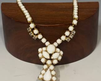 Vintage Milk Glass And Rhinestone Necklace