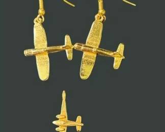 14k Gold Airplane Pendant And Corsair AU Earrings