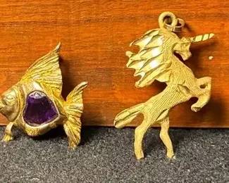 14k And Amethyst Fish Pendant And 14k Unicorn Pendant