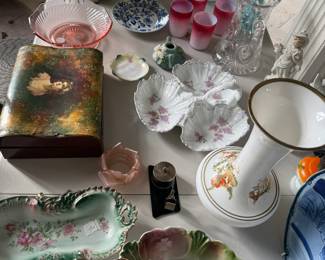 Dresser Box, set 4 Satin Glass Tumblers, Mt. Washington Basket