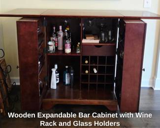 Wooden Expandable Bar Cabinet with Wine Rack and Glass Holders fourth image