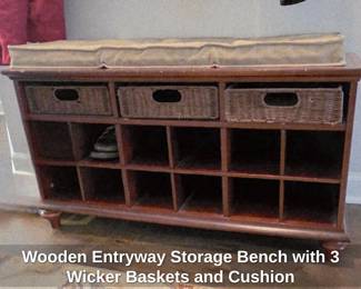 Wooden Entryway Storage Bench with Wicker Baskets and Cushion