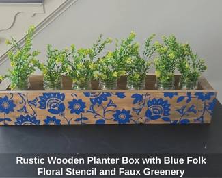Rustic Wooden Planter Box with Blue Folk Floral Stencil and Faux Greenery