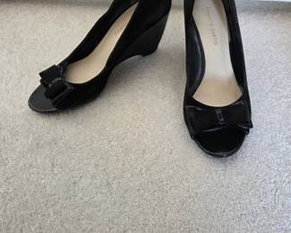 Franco Sarto Black Suede PeepToe Wedge Heels with Bow Detail