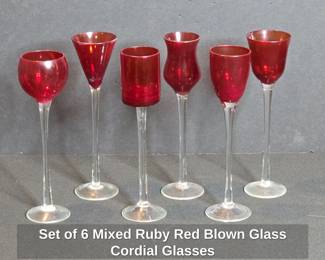 Set of Mixed Ruby Red Blown Glass Cordial Glasses