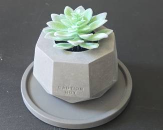 Geometric Concrete Candle Holder with CAUTION HOT Embossing and Decorative Glass Gems