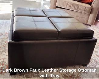 Dark Brown Faux Leather Storage Ottoman with Tray second image