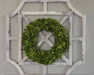 Distressed Whitewash Octagonal Lattice with Boxwood Wreath