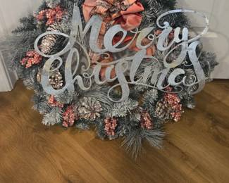 Frosted Pine Christmas Wreath with Merry Christmas Sign